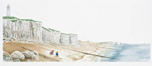 Illustration of coastline with lighthouse atop white cliffs, sea, and people sitting on beach below Illustration of coastline with lighthouse atop white cliffs, sea, and people sitting on beach below