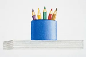 Illustration, coloured pencils in blue jar, low angle view Illustration, coloured pencils in blue jar, low angle view