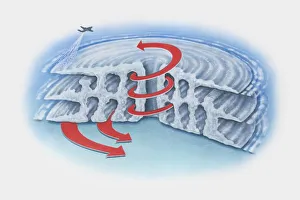 Illustration of commercial airplane flying above hurricane Illustration of commercial airplane flying above hurricane