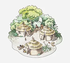 Illustration of conical huts in tribal village Illustration of conical huts in tribal village