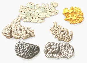 Illustration of copper, gold, silver, haematite (iron ore) coal, and lead Illustration of copper, gold, silver, haematite (iron ore) coal, and lead