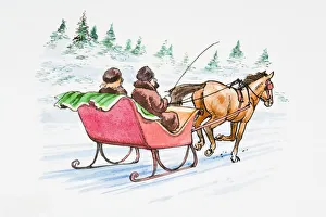 Illustration of couple in horsedrawn sledge in snow Illustration of couple in horsedrawn sledge in snow