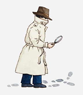 Illustration of a detective holding magnifying glass and looking at shoe prints on the ground Illustration of a detective holding magnifying glass and looking at shoe prints on the ground