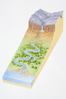 Illustration, three dimensional section of landscape showing river flowing out of Illustration, three dimensional section of landscape showing river flowing out of