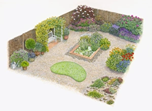 Illustration of domestic garden with colourful herb and flowerbeds, water garden, pot plants and pat Illustration of domestic garden with colourful herb and flowerbeds, water garden, pot plants and pat