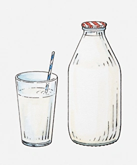 Illustration of drinking straw in glass of milk next to bottle of milk Illustration of drinking straw in glass of milk next to bottle of milk