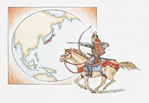Illustration of early Samurai warrior on horseback in front of a map highlighting Japan Illustration of early Samurai warrior on horseback in front of a map highlighting Japan