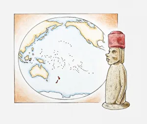 Illustration of Easter Island stone statue in front of a map highlighting Polynesian Illustration of Easter Island stone statue in front of a map highlighting Polynesian