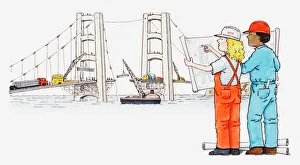 Illustration of two engineers looking at blueprint for bridge that is under construction Illustration of two engineers looking at blueprint for bridge that is under construction