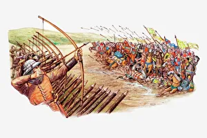 Illustration of English and Welsh archers using cross bows against attacking French army during Hundred Years War Illustration of English and Welsh archers using cross bows against attacking French army during Hundred Years War