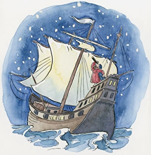Illustration of explorer Ferdinand Magellan looking through telescope to steer galleon in Illustration of explorer Ferdinand Magellan looking through telescope to steer galleon in