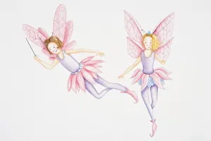 Illustration, two fairies with pink wings and skirts hovering in the air Illustration, two fairies with pink wings and skirts hovering in the air