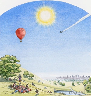 Illustration of family having picnic on lush hillside overlooking cityscape, with bright sunshine Illustration of family having picnic on lush hillside overlooking cityscape, with bright sunshine