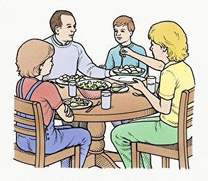 Illustration of family sitting at table serving evening meal as daughter refuses to eat Illustration of family sitting at table serving evening meal as daughter refuses to eat
