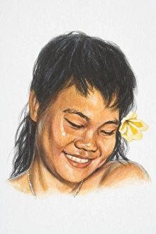 Illustration, female native inhabitant of the Pacific Islands, smiling Illustration, female native inhabitant of the Pacific Islands, smiling