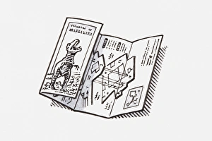 Illustration of floorplan of a natural history museum, with a dinosaur on the front Illustration of floorplan of a natural history museum, with a dinosaur on the front