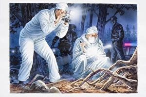 Illustration, two forensic officers in white boiler suits holding torch Illustration, two forensic officers in white boiler suits holding torch