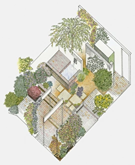 Illustration of a garden containing paved and gravelled areas, fountain and plants Illustration of a garden containing paved and gravelled areas, fountain and plants