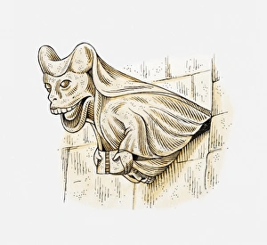 Illustration of a gargoyle on the face of Horsley Church, Derbyshire, England, c. 1450 Illustration of a gargoyle on the face of Horsley Church, Derbyshire, England, c. 1450