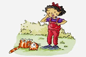 Illustration of girl crying with a dead cat lying in the grass beside her Illustration of girl crying with a dead cat lying in the grass beside her