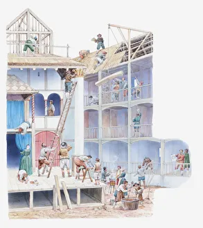 Illustration of Globe Theatre being built in Elizabethan times Illustration of Globe Theatre being built in Elizabethan times