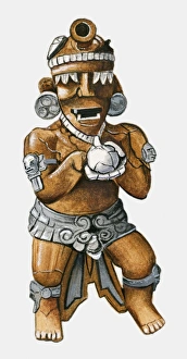 Illustration of Guatemalan pottery incense burner representing Maya god holding human Illustration of Guatemalan pottery incense burner representing Maya god holding human