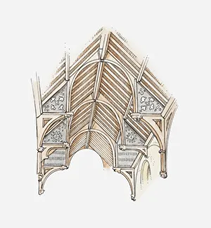 Illustration of a hammerbeam roof, Church of St Botolph, Trunch, Norfolk, England Illustration of a hammerbeam roof, Church of St Botolph, Trunch, Norfolk, England