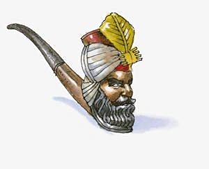 Illustration of hand-carved pipe with bowl in shape of sultans head Illustration of hand-carved pipe with bowl in shape of sultans head