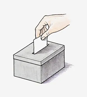 Illustration of hand placing voting slip in ballot box Illustration of hand placing voting slip in ballot box