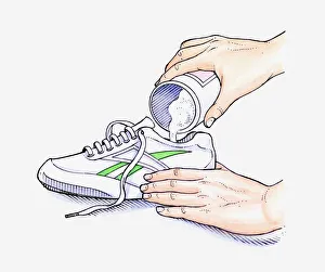 Illustration of hands pouring bicarbonate of soda into a shoe to deodorise it Illustration of hands pouring bicarbonate of soda into a shoe to deodorise it