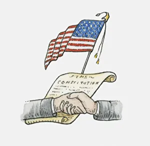 Illustration of handshake in front of US Constitution and American flag Illustration of handshake in front of US Constitution and American flag