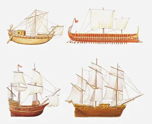 Illustration of four historic ships, Roman merchant ship, ancient Greek Trireme battleship Illustration of four historic ships, Roman merchant ship, ancient Greek Trireme battleship