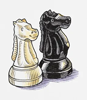 Illustration of horse chess pieces, black and white Illustration of horse chess pieces, black and white