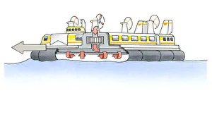 Illustration of hovercraft with cross-section showing propellers blowing warm air under Illustration of hovercraft with cross-section showing propellers blowing warm air under