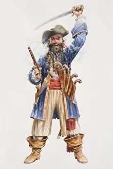 Illustration, the infamous pirate Blackbeard hurling sword above his head in one hand Illustration, the infamous pirate Blackbeard hurling sword above his head in one hand