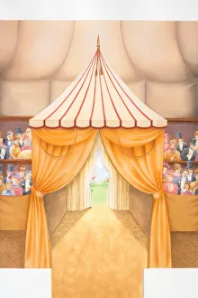 Illustration, interior view of curtained entrance to circus tent Illustration, interior view of curtained entrance to circus tent