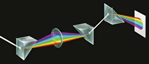 Illustration of Isaac Newtons prism experiment, showing white sunlight split by a prism Illustration of Isaac Newtons prism experiment, showing white sunlight split by a prism
