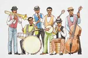 Images Dated 3rd August 2006: Illustration, jazz band, six men wearing bow ties and waistcoats playing trumpet, trombone, drums