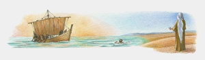 Illustration of Jesus standing on sand as ship and man in water approach shore Illustration of Jesus standing on sand as ship and man in water approach shore