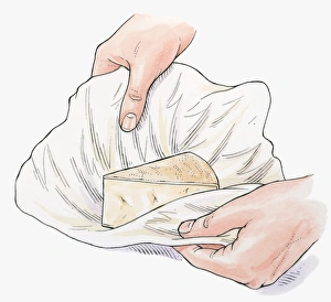 Illustration of keeping hard cheese moist by wrapping in muslin Illustration of keeping hard cheese moist by wrapping in muslin