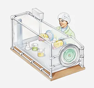 Illustration of laboratory worker handling radioactive materials through holes in a glass Illustration of laboratory worker handling radioactive materials through holes in a glass