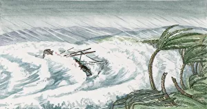 Illustration of large waves covering shipwreck off coastline during hurrucane, and palm trees bending in wind Illustration of large waves covering shipwreck off coastline during hurrucane, and palm trees bending in wind