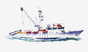 Illustration of lifeboat with radar, aerials, rescue helicopter Illustration of lifeboat with radar, aerials, rescue helicopter