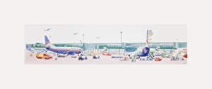 Illustration of loading and unloading commercial aircraft at airport Illustration of loading and unloading commercial aircraft at airport