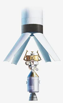 Illustration of lunar module attached to command module, bottom of rocket opened Illustration of lunar module attached to command module, bottom of rocket opened