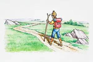 Illustration of man carrying backpack hiking on dirt road winding through countryside Illustration of man carrying backpack hiking on dirt road winding through countryside
