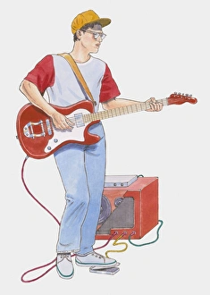 Illustration of man playing electric guitar, using foot pedal to change sounds Illustration of man playing electric guitar, using foot pedal to change sounds