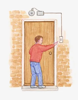 Illustration of man pressing electromagnetic doorbell Illustration of man pressing electromagnetic doorbell