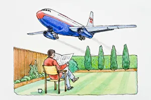 Illustration of man sitting in chair on lawn in garden reading newspaper as commercial Illustration of man sitting in chair on lawn in garden reading newspaper as commercial