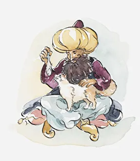 Illustration of man wearing a turban feeding a fish to a Turkish van cat, also known as Turkish swimming cat Illustration of man wearing a turban feeding a fish to a Turkish van cat, also known as Turkish swimming cat